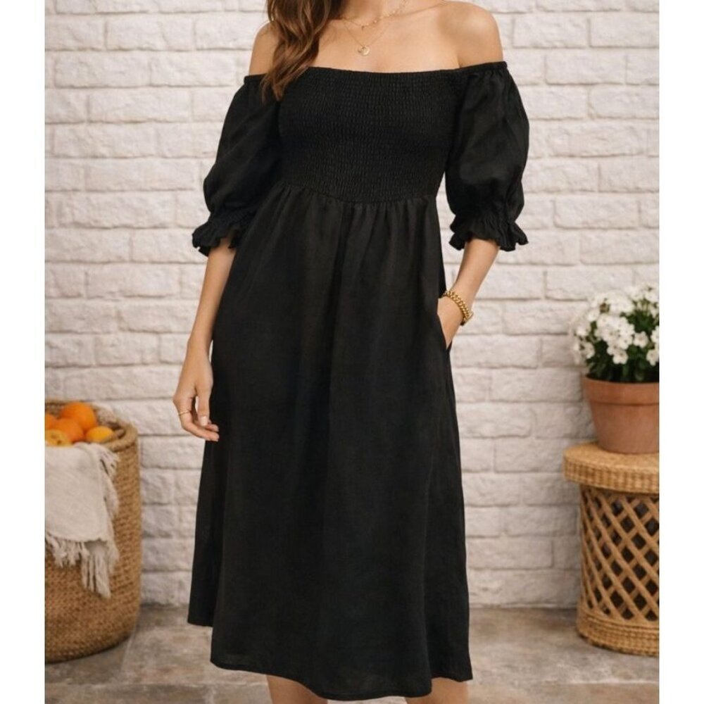 Paloma Black Linen Smocked Off-The-Shoulder Midi Dress Size S